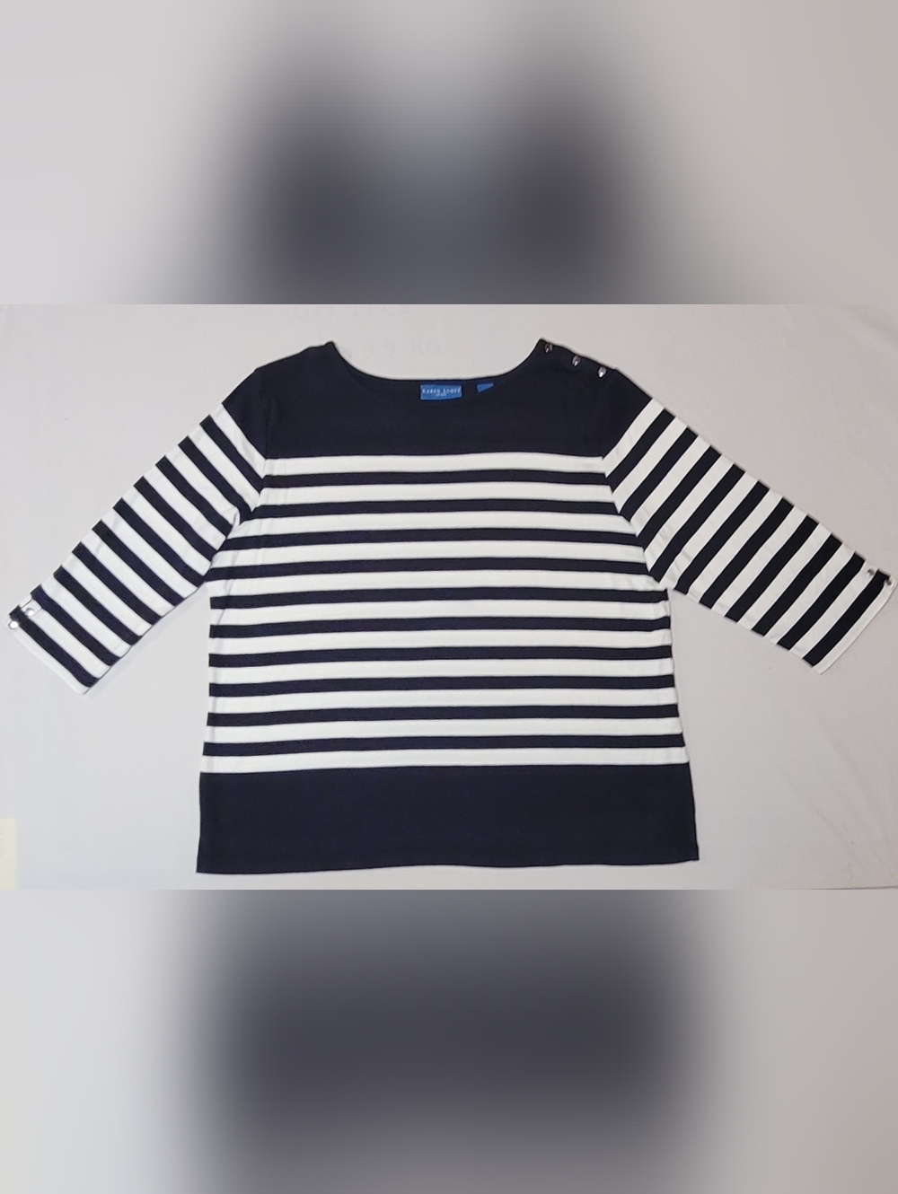 Karen Scott Sport Top Womens XL Black & White Striped 3/4 Sleeve Snap Detail